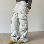 Autumn Winter New Ladies Cargo Jeans American Street Style Baggy Cargo Pants Women Blue Multi-pocket Wide Leg Jeans for Women Lootquake LLC