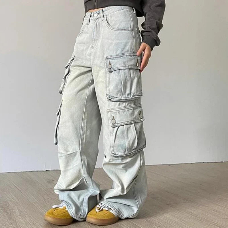 Autumn Winter New Ladies Cargo Jeans American Street Style Baggy Cargo Pants Women Blue Multi-pocket Wide Leg Jeans for Women Lootquake LLC
