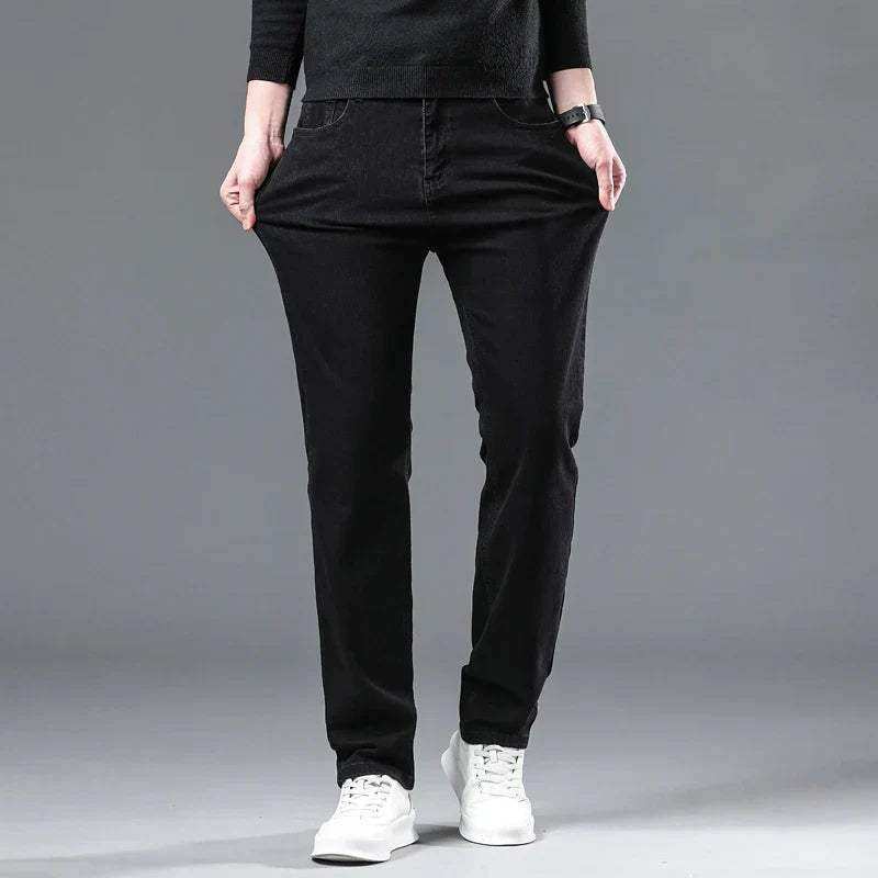 2024 New Winter Pure Black Fleece Thick Warm Jeans Men's loose Straight Elastic Denim Pants classics Casual Plush Trousers Lootquake LLC