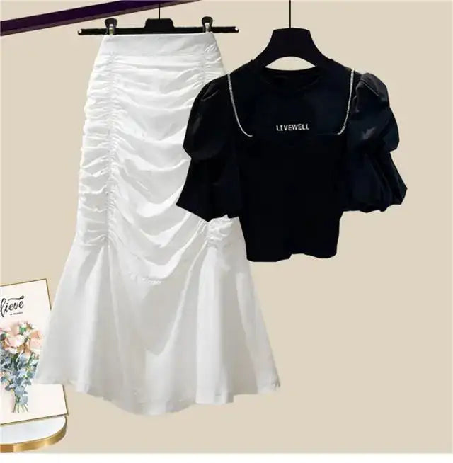Spring/Summer Set Women's New Korean Edition Sweet and Spicy Bubble Sleeve Spliced Top Age Reducing Half Skirt Two Piece Set