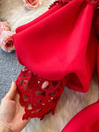 Sexy Hollow Out Lace Bodycon Long Dress Women Elegant Red/Pink/White Off Shoulder Patchwork Maxi Party Vestidos 2021 Autumn New
