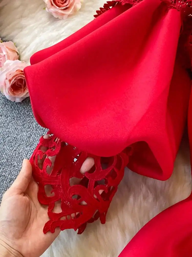 Sexy Hollow Out Lace Bodycon Long Dress Women Elegant Red/Pink/White Off Shoulder Patchwork Maxi Party Vestidos 2021 Autumn New