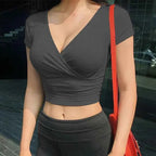 Vivid V-Neck: Y2K Black Crop Top Corset Tee THRIXINE