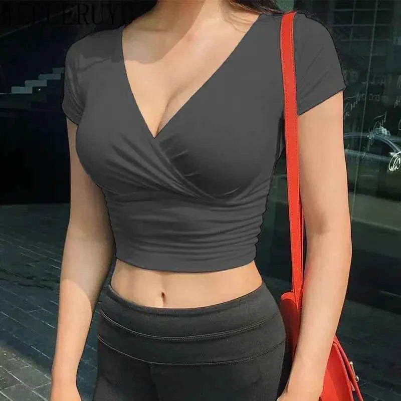 Vivid V-Neck: Y2K Black Crop Top Corset Tee THRIXINE