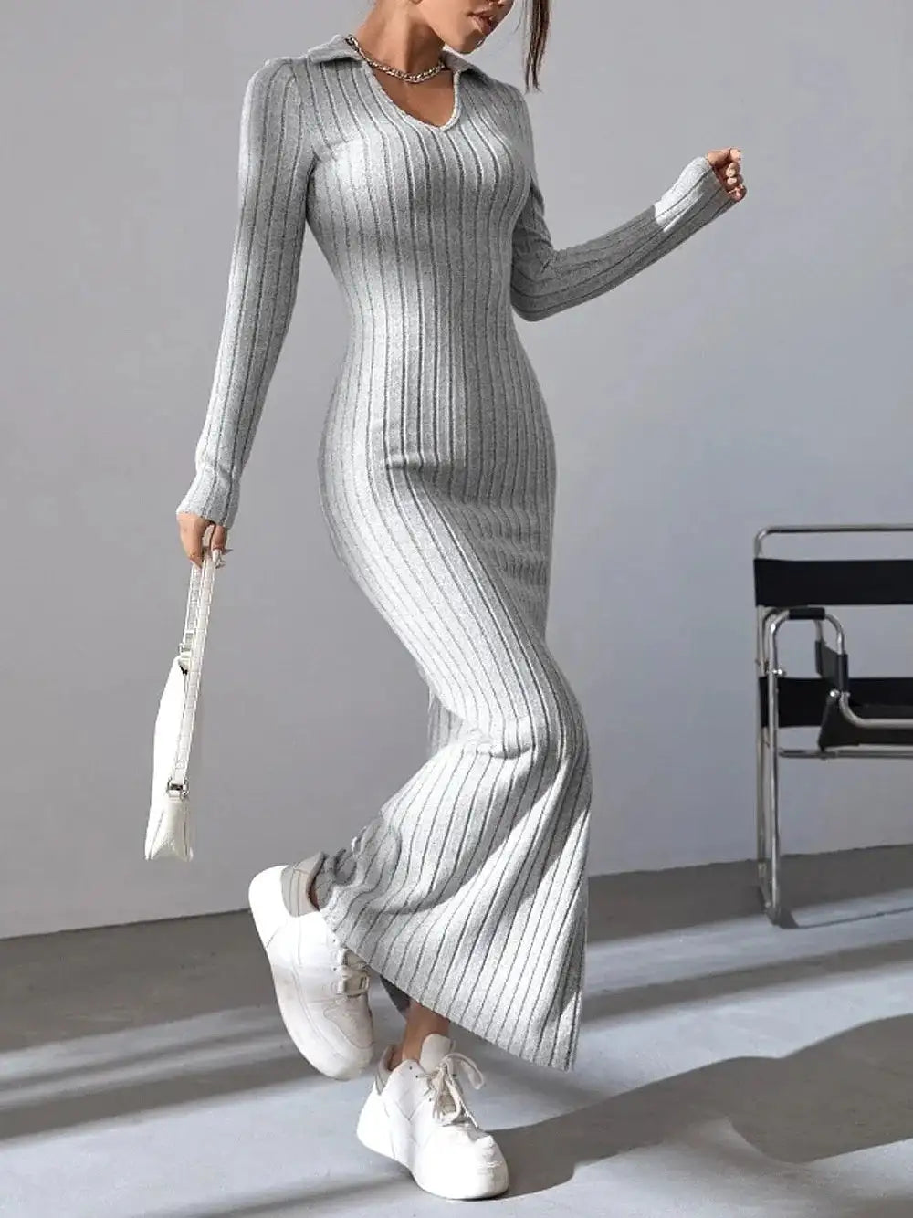2024 Spring/Summer Knitted Dress Slim Fit Fashion Casual Women's Lapel Long sleeved Dress Concave Stripe Solid Color Long Dress