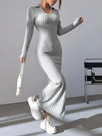 2024 Spring/Summer Knitted Dress Slim Fit Fashion Casual Women's Lapel Long sleeved Dress Concave Stripe Solid Color Long Dress