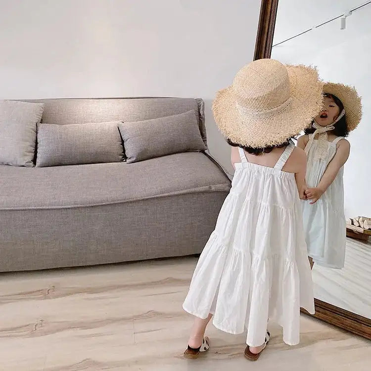 Girls Cotton Solid White Dress Ruffles Kids Strap Dress Summer Sleeveless Toddler Baby Long Dress Girl Clothes 1-6Y Kleid/robe