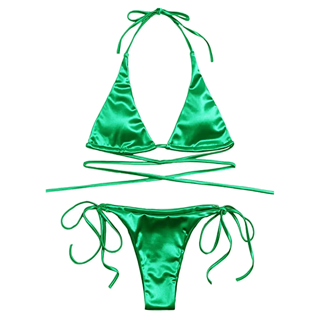 ShimmerWave: Luxe Satin Brazilian Bikini Set THRIXINE