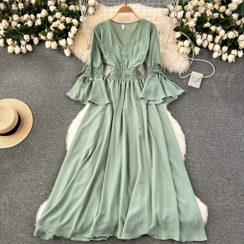 Purple/Green/Red Pleated Maxi Long Dress Women Vintage V-Neck Flare Sleeve Draped Ruffle Vestido Female Maxi Robe Summer Lootquake LLC