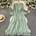 Purple/Green/Red Pleated Maxi Long Dress Women Vintage V-Neck Flare Sleeve Draped Ruffle Vestido Female Maxi Robe Summer Lootquake LLC