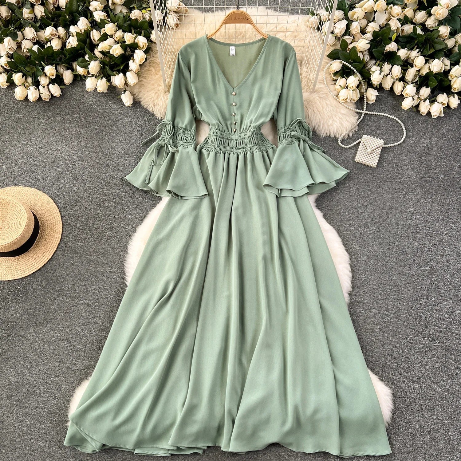 Purple/Green/Red Pleated Maxi Long Dress Women Vintage V-Neck Flare Sleeve Draped Ruffle Vestido Female Maxi Robe Summer Lootquake LLC
