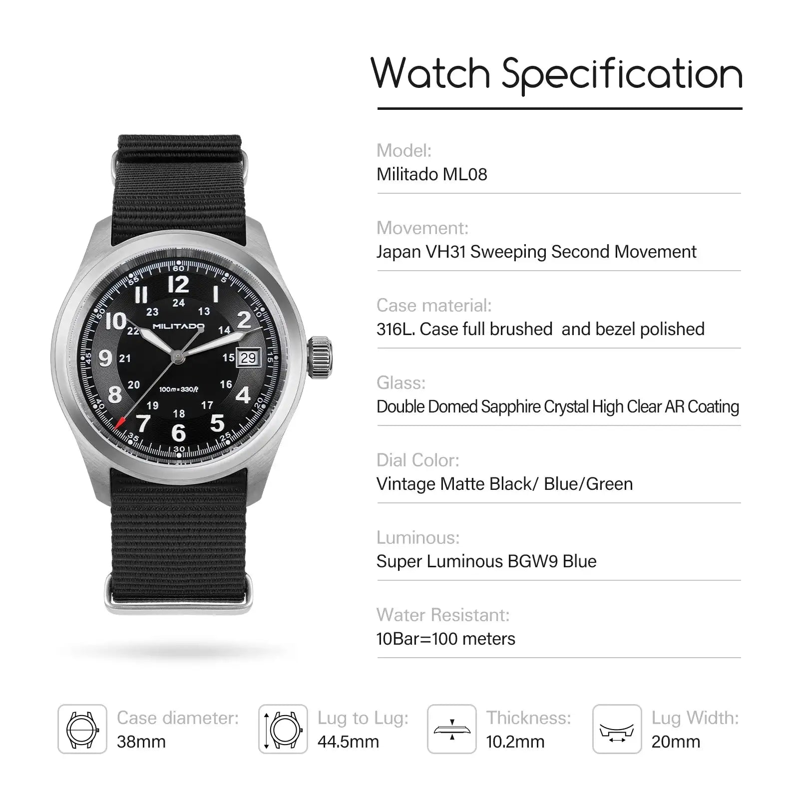 Militado ML08 Quartz Watch Ronda 515 Movement Domed Sapphire Wristwatch BGW9 Luminous 10Bar Waterproof 38mm Vintage Watches