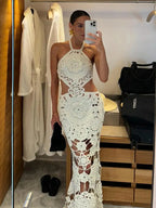 Fashion Hollow Out Halter Maxi Dress For Women 2024 Sexy Sleeveless Backless Long Dress Holiday Hook Flower Knitted Beach Robe