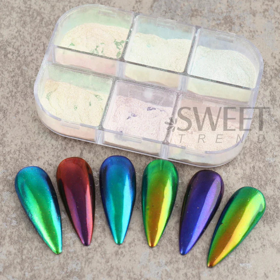 6 Grids Aurora Mirror Nails Powder Aurora Shiny Pearl Chrome Effect Pigments Gel Polish Laser Dust Glitter Manicure Decoration Lootquake LLC