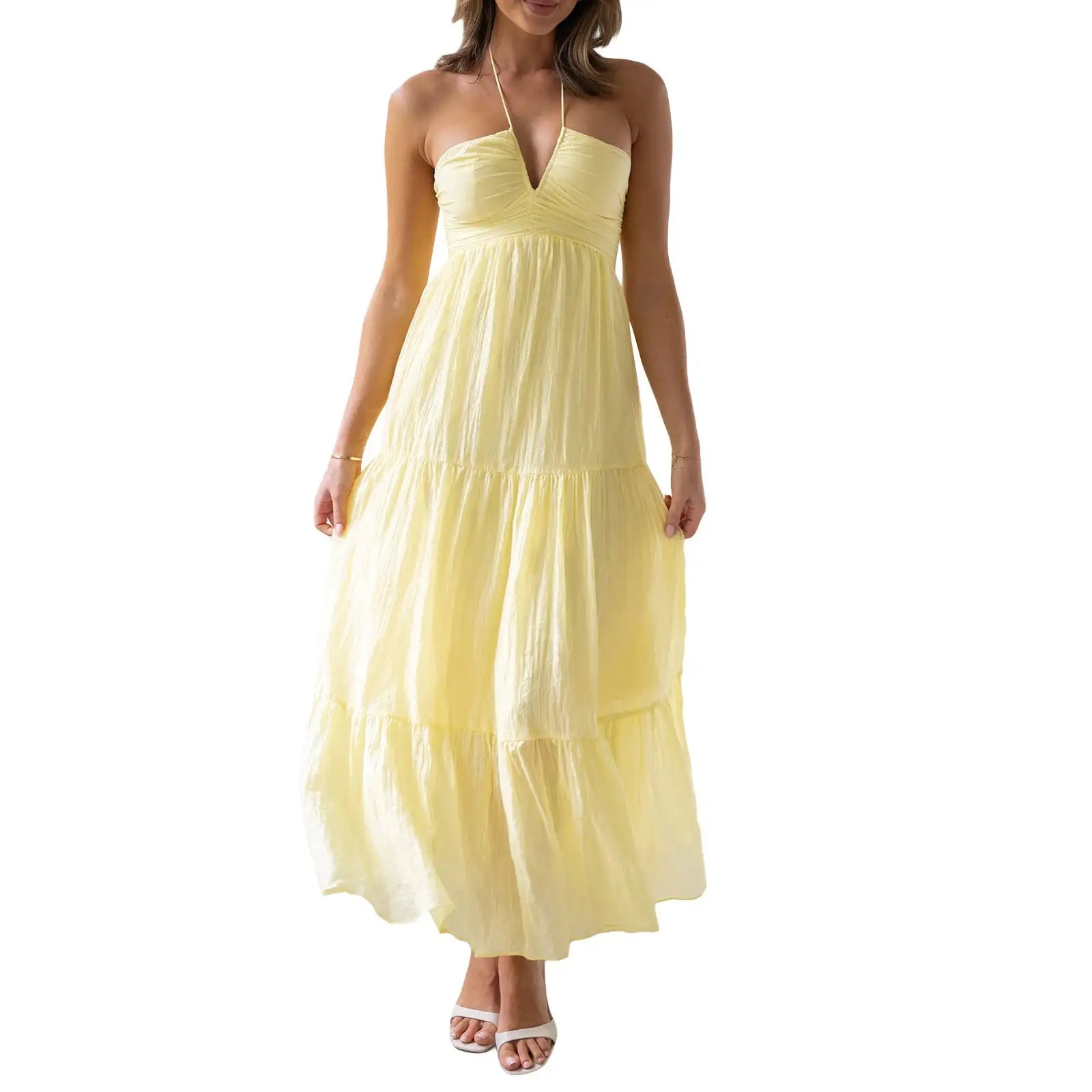 Women Low Cut Backless Maxi Dresses Elegant Spaghetti Strap Tiered Long Dress Relax Fit Open Back Cutout Flowy Sundress