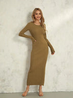 Women Spring Autumn Lace-up Knit Dress Elegant Long Sleeve Crew Neck Ribbed Solid Color Long Dress Streetwear