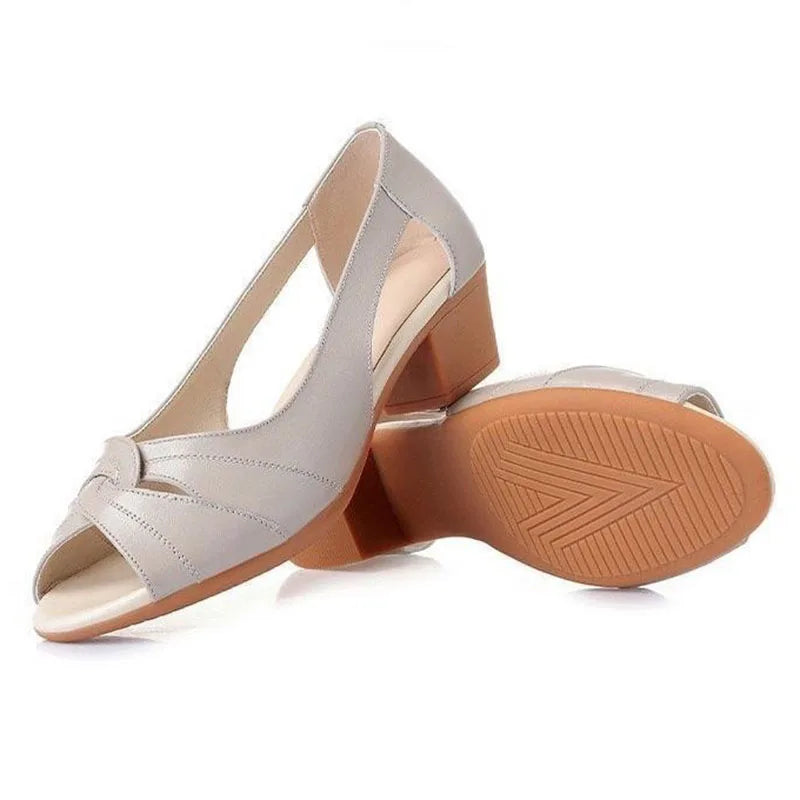 Black Peep Toe Mid Heel Sandals Women's Pumps Square Heel Soft Sole Leather Work Shoes Simple Casual Summer Hollow Out Lootquake LLC