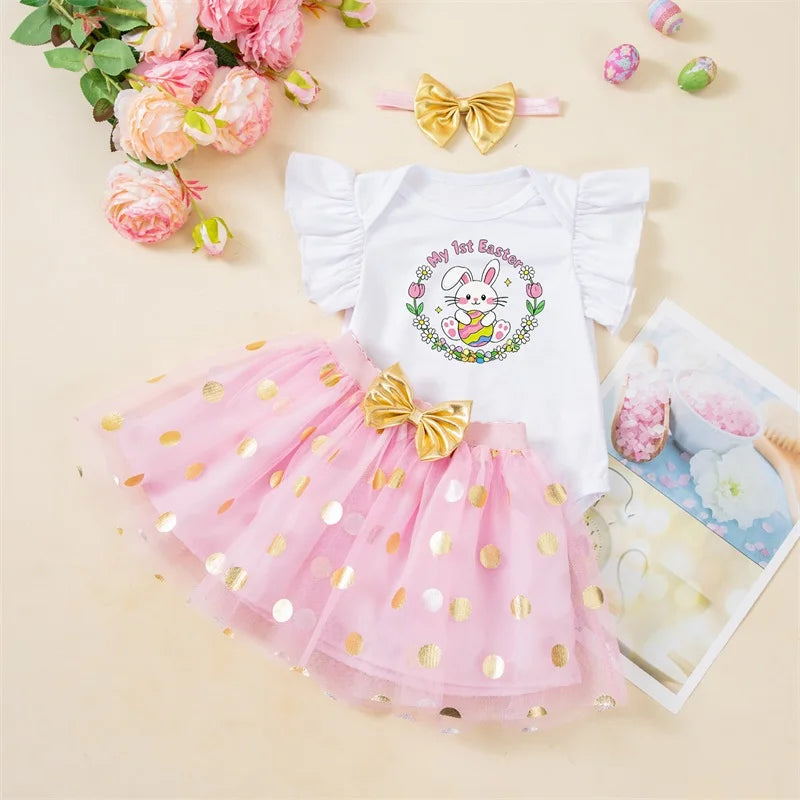 Toddler Girls Spring Floral Print Ruffle Sleeve Romper with Matching Bow Headband and Tulle Skirt - Easter Outfit
