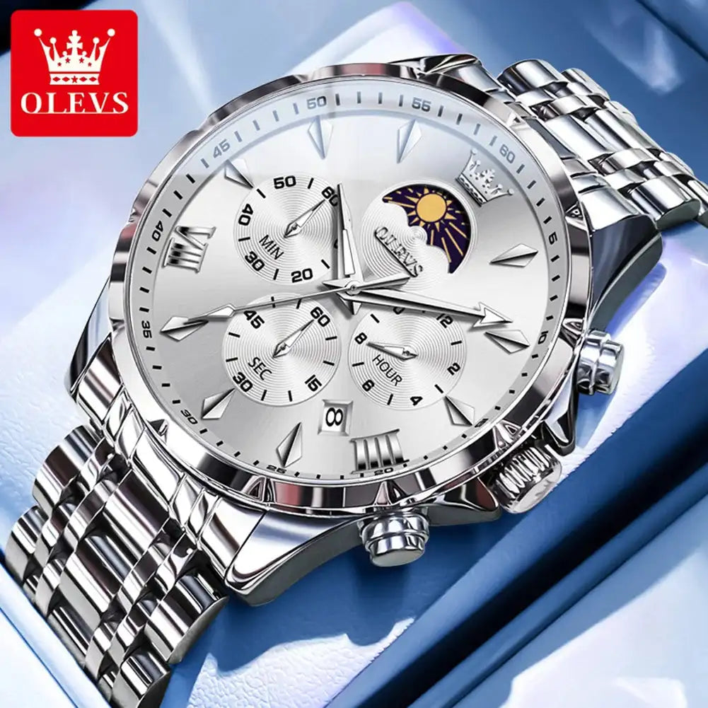 OLEVS 3653 Men Watch Luxury Brand Quartz Watch Multi functional Automatic Date Timer Watch Waterproof Luminous Moonphase Watch