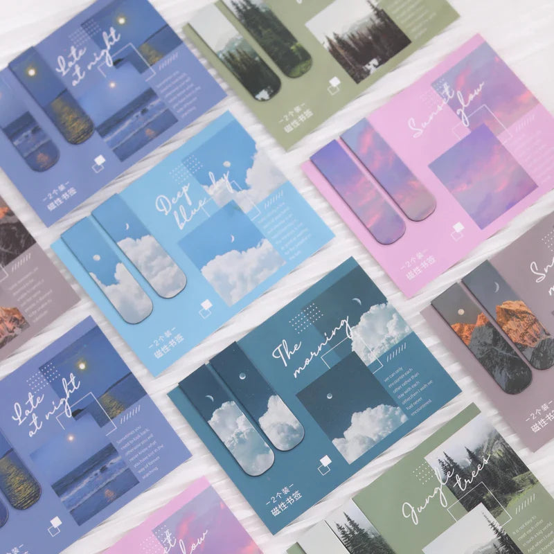 JIANQI 2pcs/pack Magnetic bookmark beautiful scenery clouds simple literary pattern bookmark Reading tool School office supplies Lootquake LLC