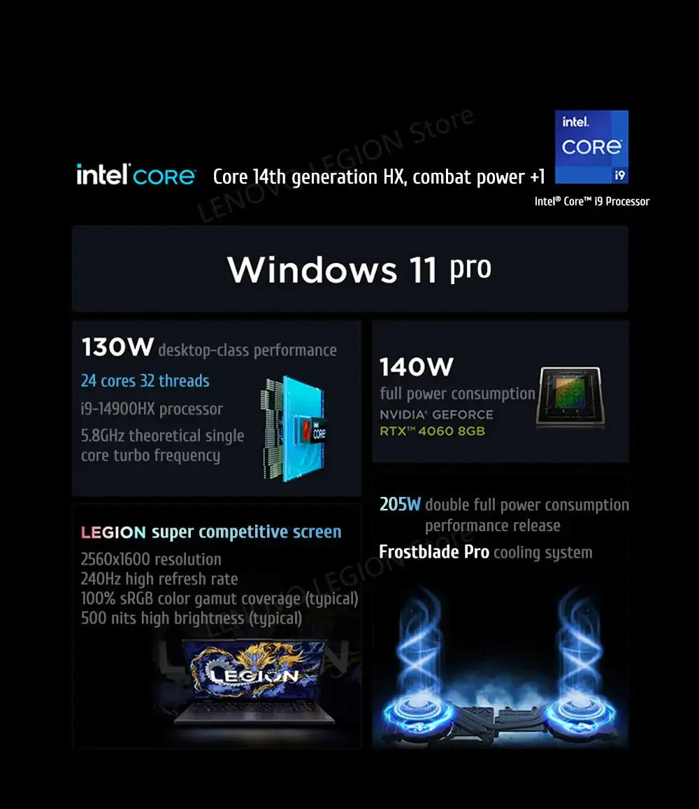 Lenovo Legion Y9000P Gaming E-Sports Laptop 2024  RTX 4060 Intel i9-14900HX 16" 16/32/64G RAM 1/2T SSD 2.5K 240Hz Notebook PC