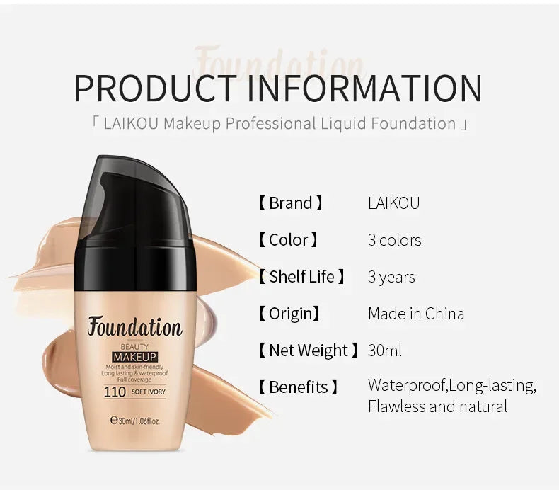LAIKOU Liquid Foundation Moisturizing Long Lasting Face Comestics Natural Brighten Face Base Tone Make Up 30ml Lootquake LLC