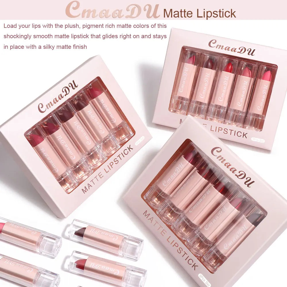 5 Pcs  Matte Lipstick Sets Lip Gloss Moisturizing Long-lasting Easy Makeup Fashion Classic Shades For Daily Date Exquisite Gift Lootquake LLC