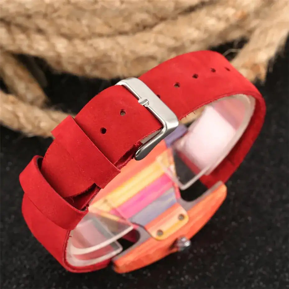 Unique Triangle Women's Wood Watch Creative Colorful Lady Green/ Red Genuine Leather Wristwatch Elegant Womens Watches Top Gifts