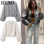 Autumn Luxe: Women's Cropped Faux Wool Bomber Jacket