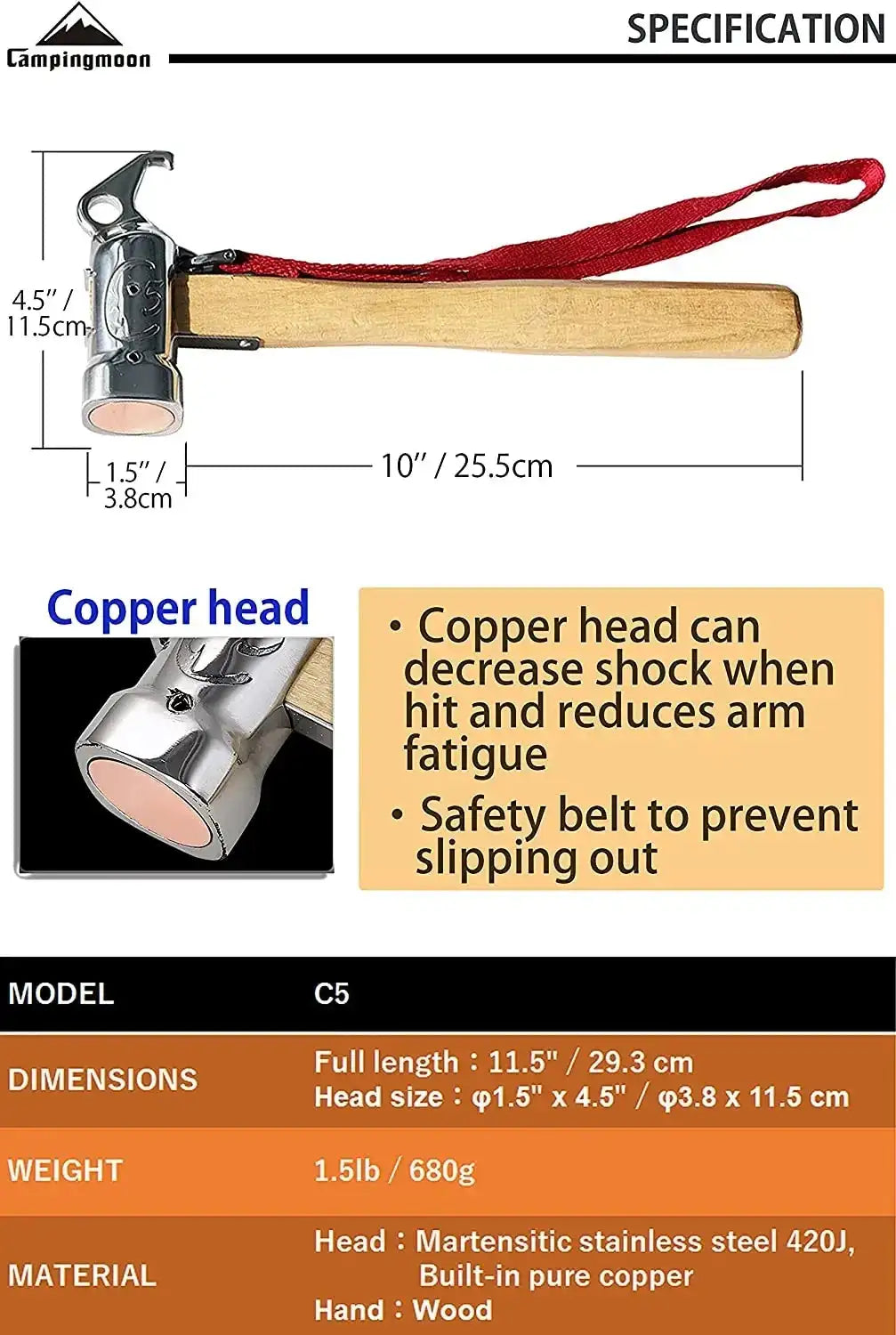 Campingmoon 1PCS Outdoor Multi-purpose Stainless Steel Copper Head Nail Puller Camping Hammer Fixed Tent Nail With Safety Rope