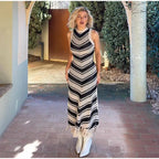 Striped Knitted Long Dress Women O-neck Backless Hollowed Out Long Sleeves Lady Bodycon Dress 2024 Spring Summer Vacation Robe