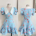 Puff Sleeve V-Neck Mini Dress | Printed Ruffled Pearl Button Dress - Femstylo