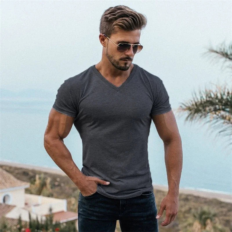 Men Fashion V Neck Short Sleeve Fitness Workout Summer Breathable Cotton - SJB-DIAMOND ELITES