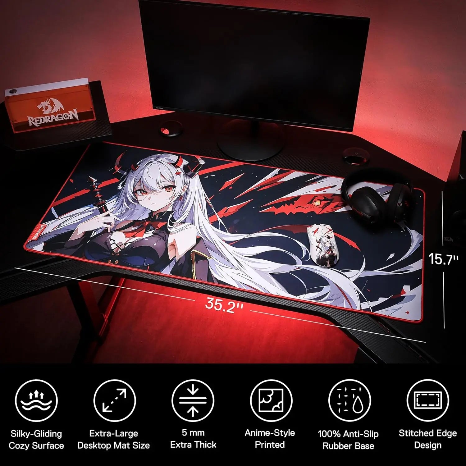 Redragon EISA P047 Anime Gaming Mouse Pad - Smooth Lycra Surface, Anti-Slip Rubber Base, Spill-Resistant, Durable 5mm Thick Lootquake LLC