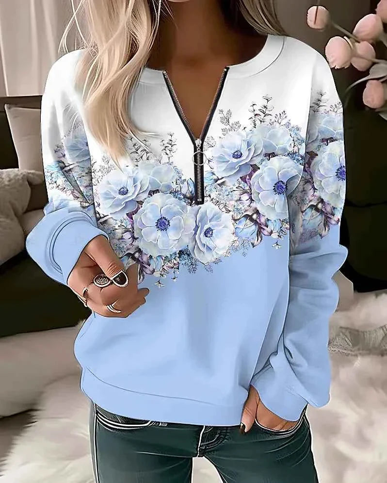 Floral Oversized Zip-Up Hoodie for Women THRIXINE