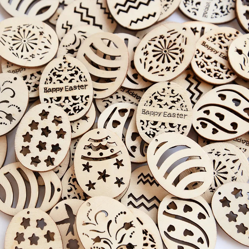 25/50Pcs Easter Eggs Wooden DIY Craft Hanging Ornaments Hollowed Wood Chips Happy Easter Party Decorations For Home Kids Gift Lootquake LLC