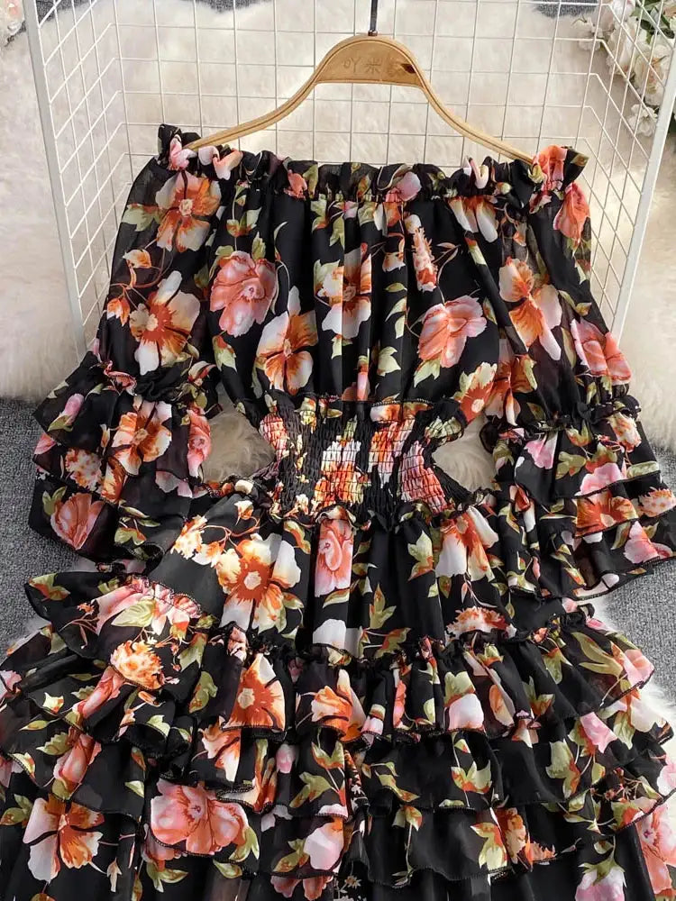Summer New Off Shoulder  Wrap Waist to Show Thin A-line Fragmented Cake Dress Women's Beach Vacation Chiffon Long Dress GD820