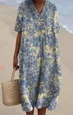 Casual Short Sleeved V-neck Big Swing Dress 2024 New Women's Loose Printed Long Dress Female Retro Flower Print Pullover Dresses