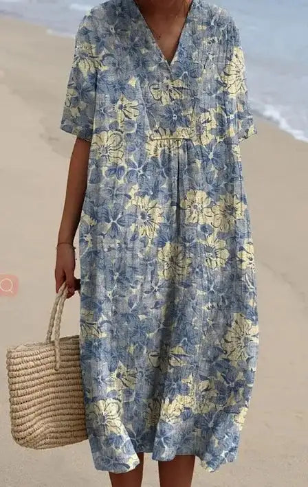 Casual Short Sleeved V-neck Big Swing Dress 2024 New Women's Loose Printed Long Dress Female Retro Flower Print Pullover Dresses