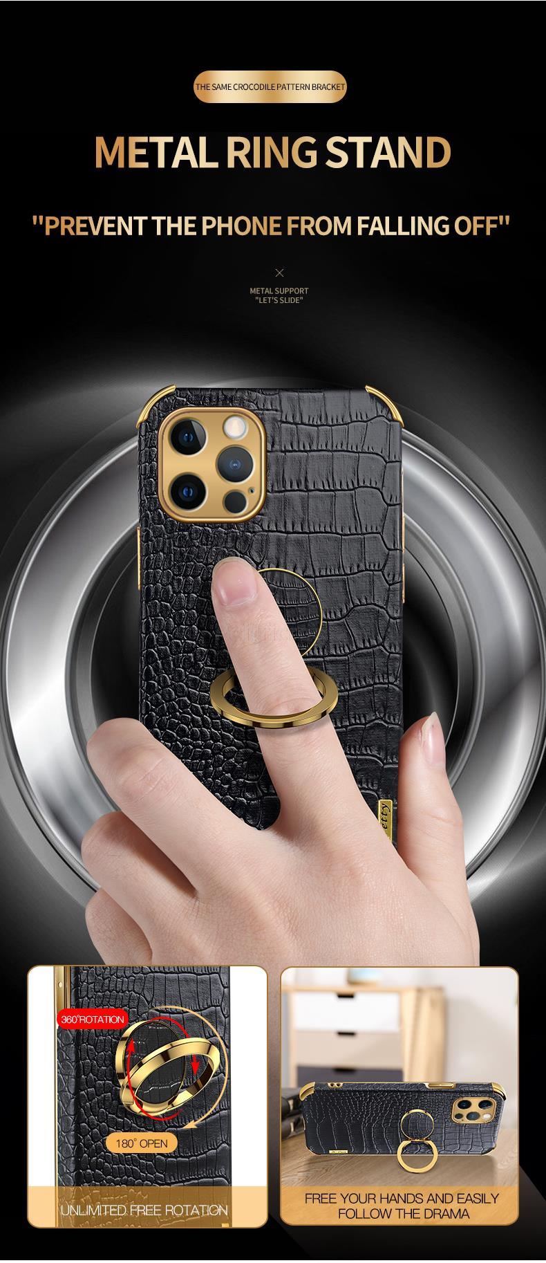 Crocodile Leather Case For iPhone 13 12 Mini Shockproof Magnetic Ring Holder Phone Cover Ultra-thin Soft Crocodile Leather Shockproof Bumper With Ring Bracket Protective Cover for iPhone Stevvex