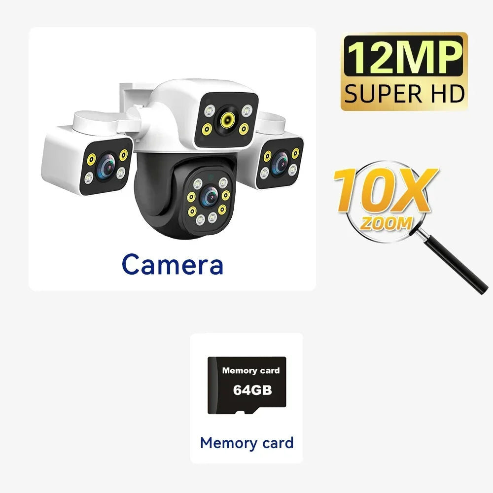 6K 12MP Outdoor WiFi Camera Three Screen Three Lens 10X Zoom PTZ Automatic Tracking Audible Visual Alarm Security Camera Lootquake LLC