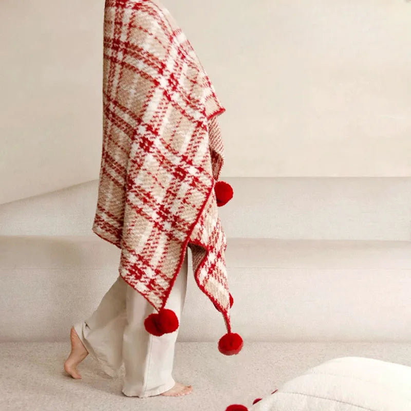 Half Flannel Plaid Blanket with Wool Balls Four Season Universal Red Soft Sofa Blanket Warm Napping Shawl for Home Travel Lootquake LLC