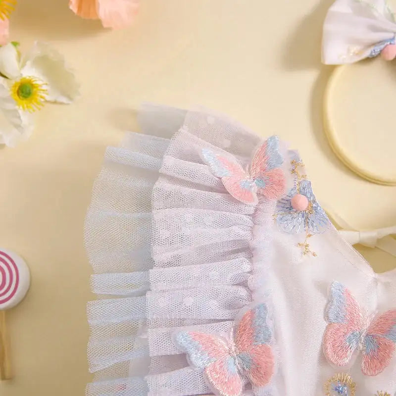 Pudcoco Baby Girl 2Piece Summer Set 3D Butterfly Flower Embroidery Fly Sleeve Mesh Romper Dress 3D Bow Headband Toddler Outfits