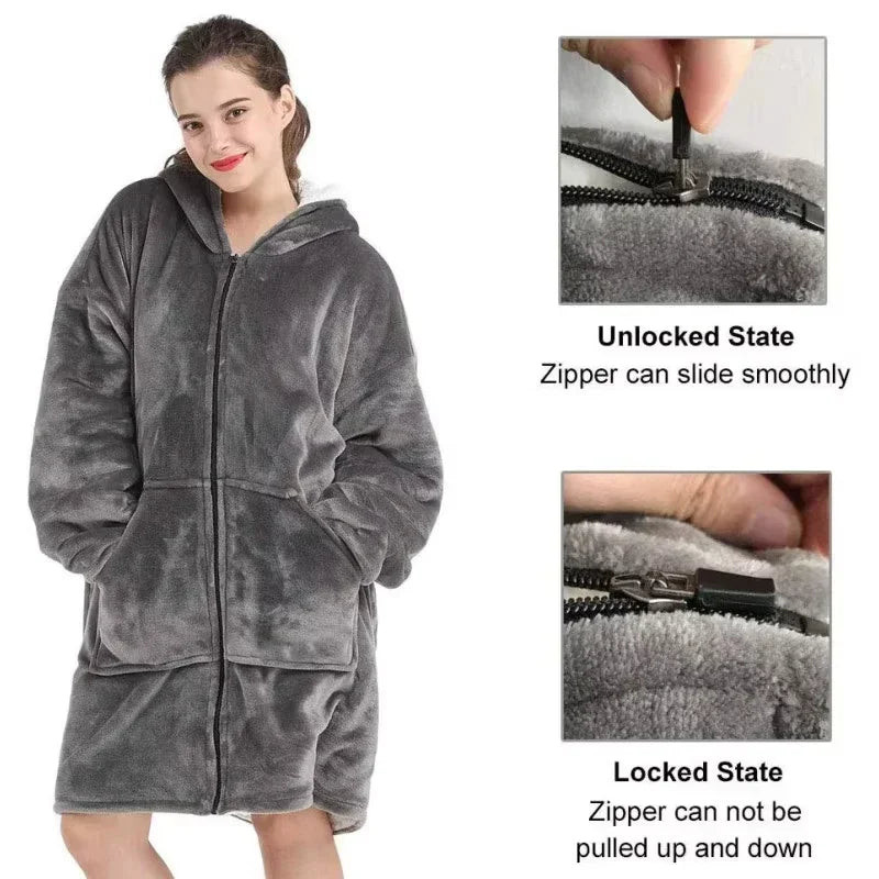 Hoodie Oversized Wearable Blanket Deep Pocket Comfy Sleeves Front Zipper Deluxe Fleece Sweatshirt Blanket Winter Blanket Lootquake LLC