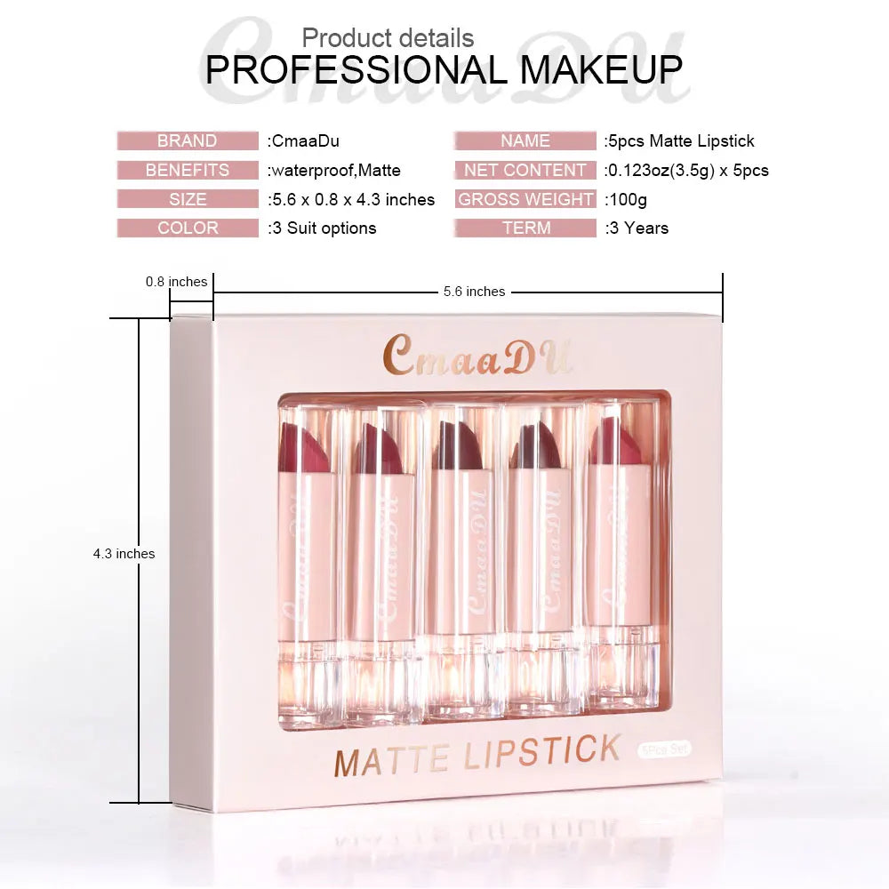 5 Pcs  Matte Lipstick Sets Lip Gloss Moisturizing Long-lasting Easy Makeup Fashion Classic Shades For Daily Date Exquisite Gift Lootquake LLC