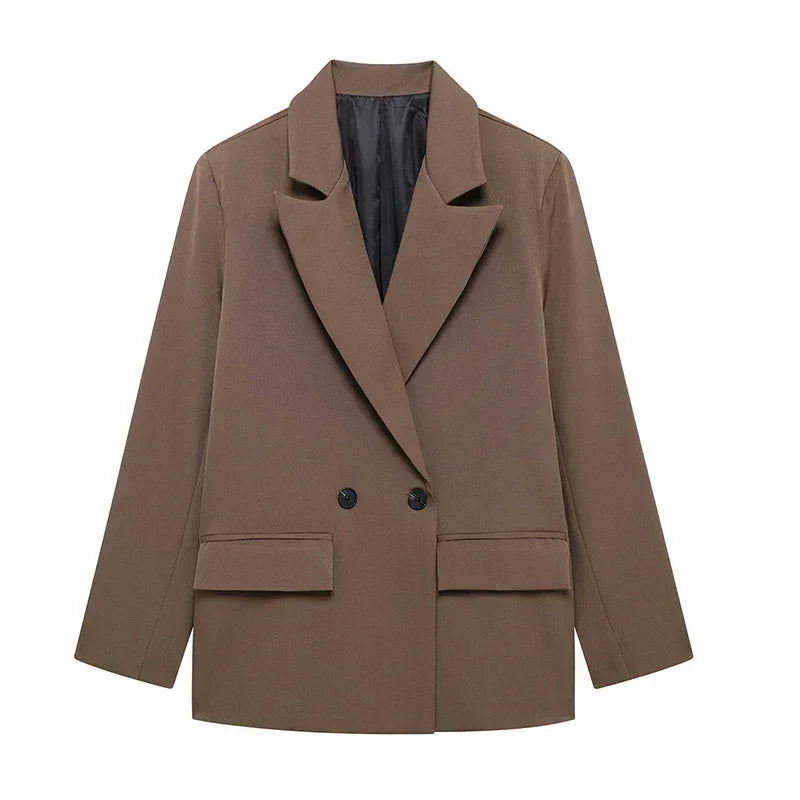 Willshela Women Fashion With Pockets Solid Double Breasted Blazer Vintage Long Sleeves Notched Neck Female Office Lady Outfits