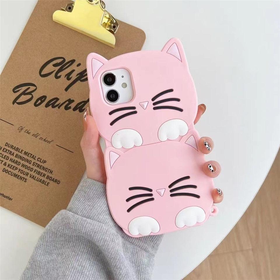 3D Cartoon Cute Cat Ear Phone Case For Iphone 12 13 11 Pro Max X Xr Xs Max 7 8 6 6s Plus Se 2020 Lucky Cat Cartoon Silicone Cat Phone Case Stevvex