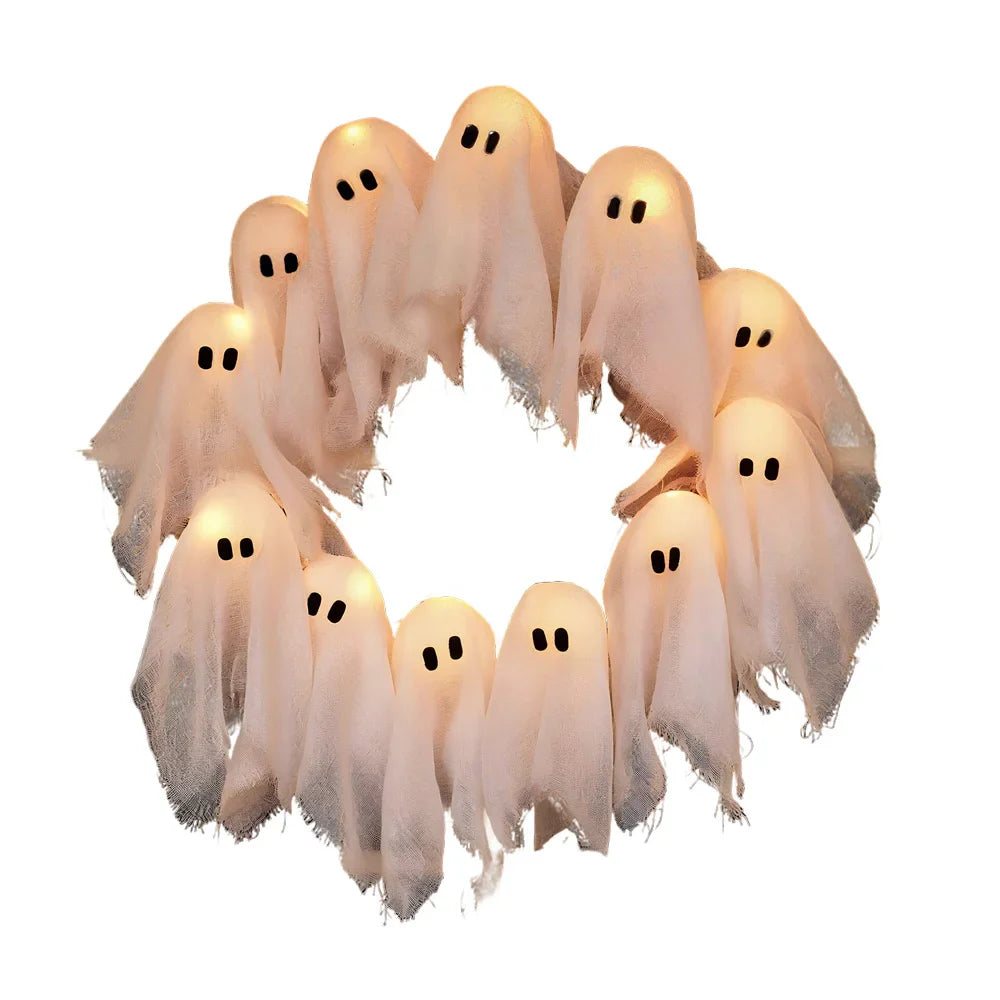 Halloween Light-up Ghost Wreath Decoration for ndoor Outdoor Wall Decor Spooky Front Door Led Hanging Decor Props Lootquake LLC