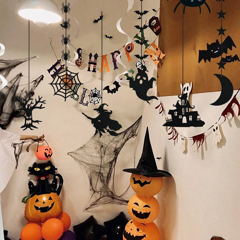 1set Halloween Decoration Banner Bunting Scary Spider Ghost Bat Hanging Garland Pull Flag Pendant For Halloween Party Home Decor Lootquake LLC
