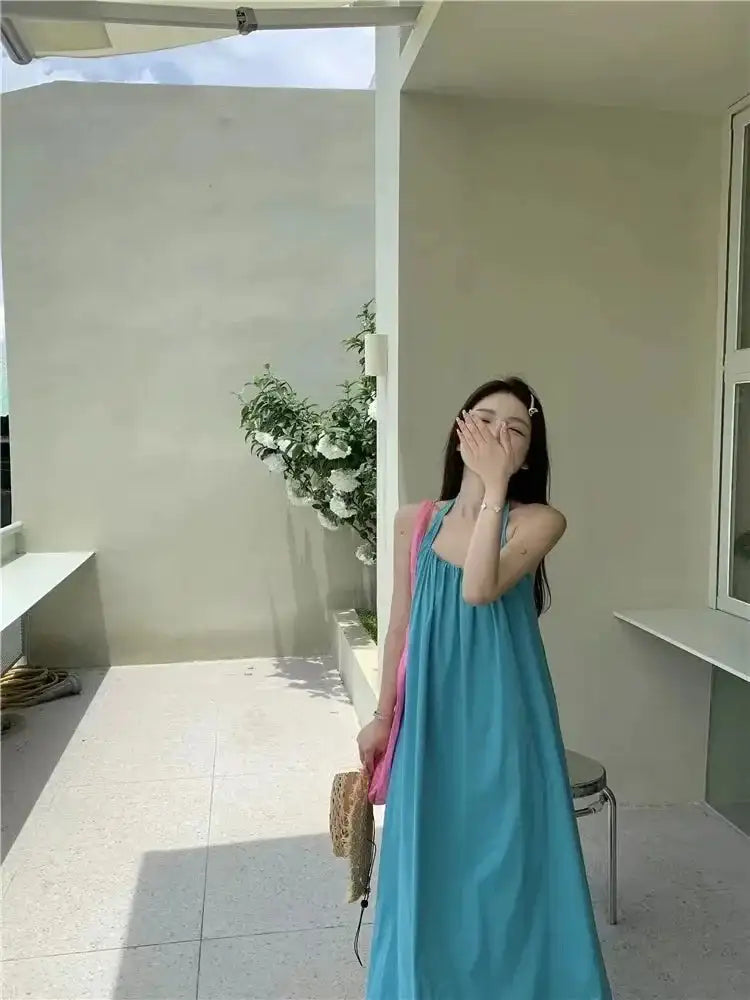 Summer Vacation Dress Thailand Style Open-back Halter Neck Age-reducing Photography Beach Long Dress Belted
